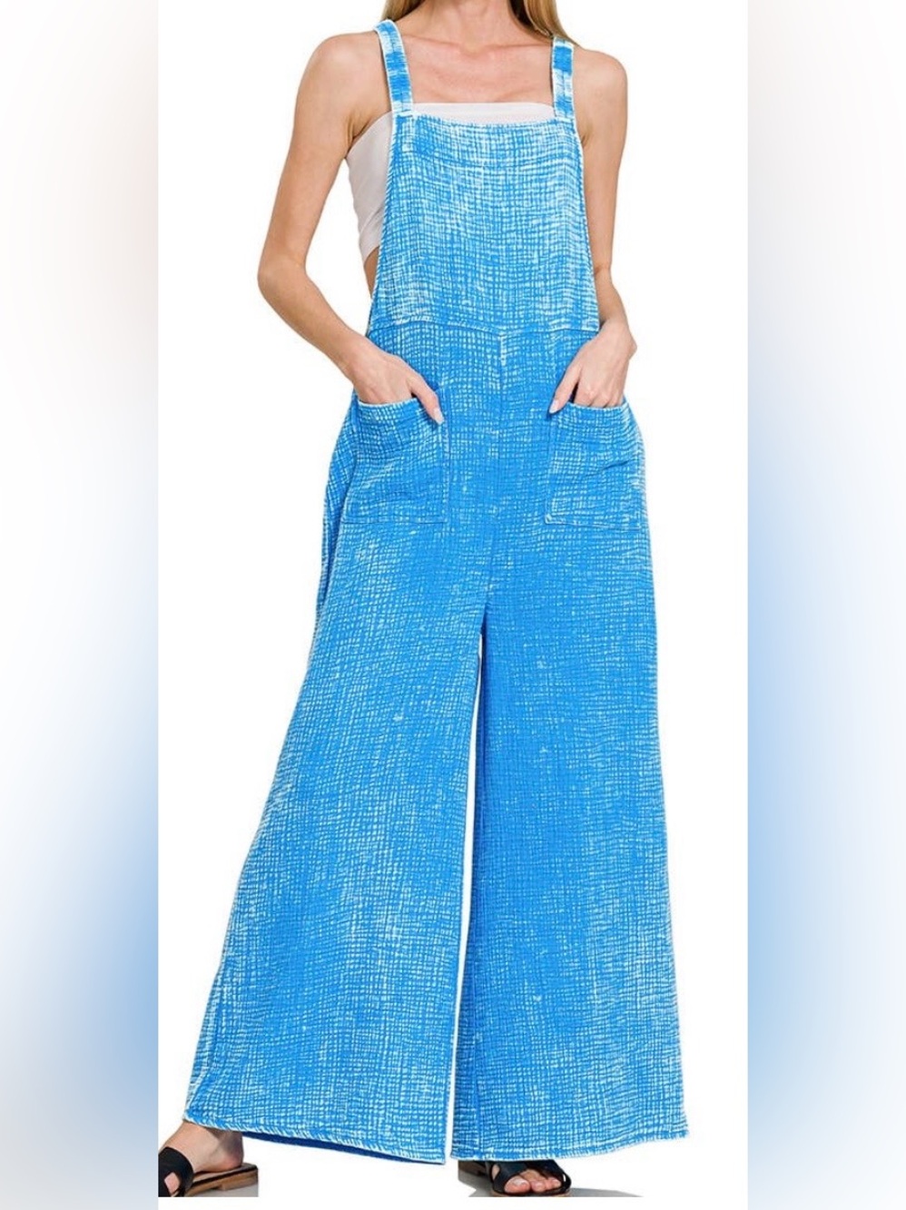 Zenana White Textured Wide-Leg Jumpsuit -blue pictured is for fit only. WH1 - Picture 2 of 4